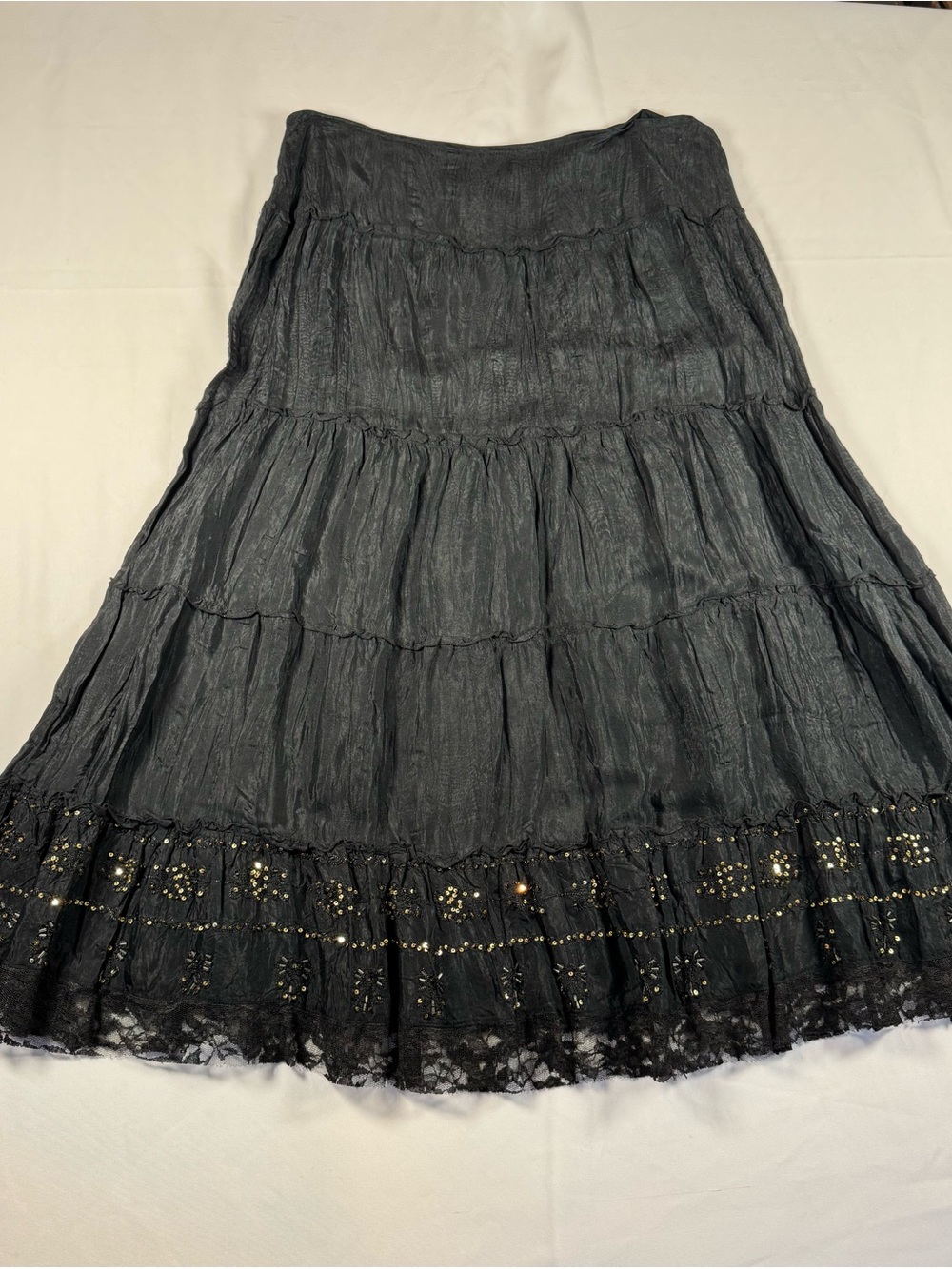 Black Whimsigoth Boho Tiered Maxi Skirt with Lace Hem